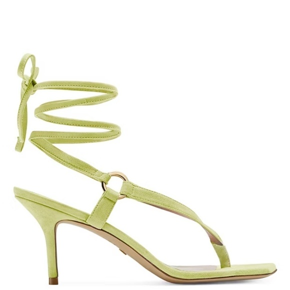 Stuart Weitzman Lalita 75 Neon Green Suede Square Toe Lace Up Heel Thong Sandals - Picture 4 of 13